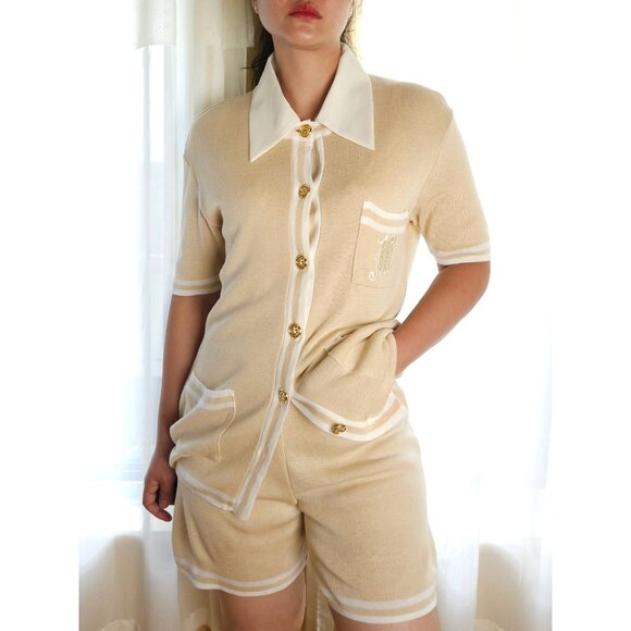 Vintage linen blend knit short set beige/ short sleeve knit cardigan two piece - Picture 1 of 12